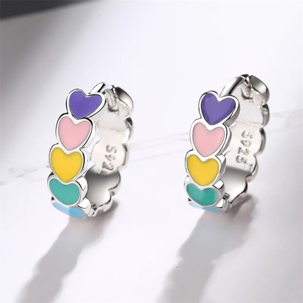 New Sterling Silver 925 Rainbow Heart Hoops earrings set